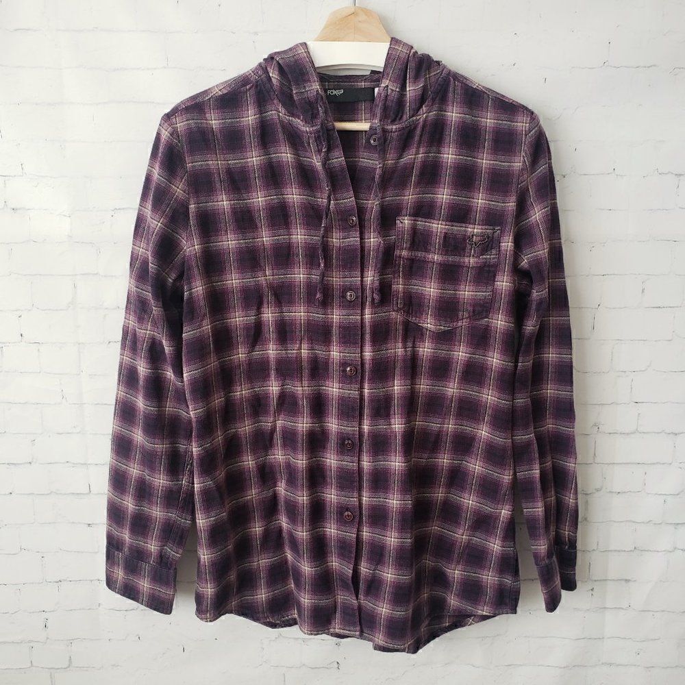 Fox Women's Purple Plaid Button-Up Hoodie Shirt